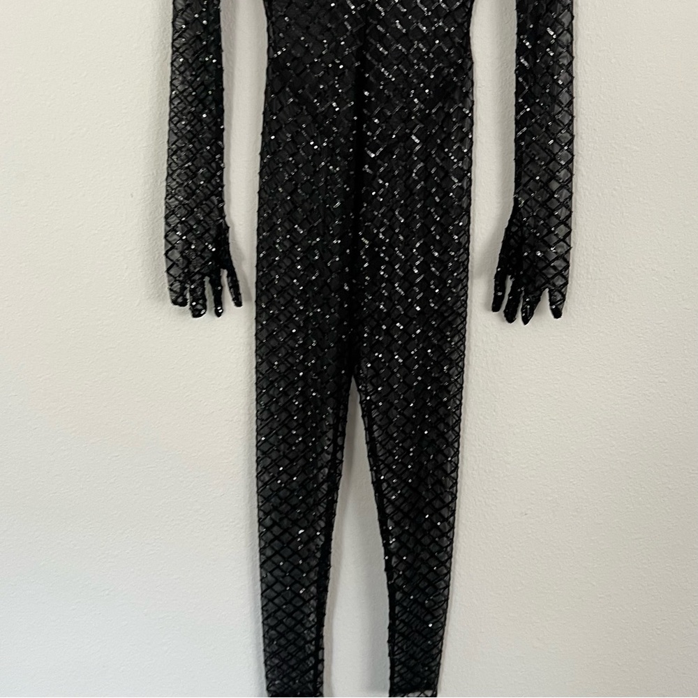 Mew Mews Statement Dress Black Sequins Sheer Jumpsuit With Gloves Size SMALL NWT - Picture 10 of 16